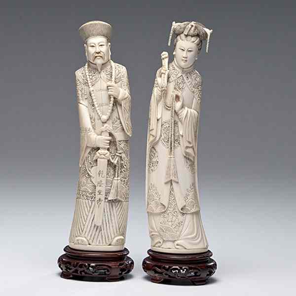 Appraisal: Carved and Inked Chinese Ivory Figures Chinese early th century