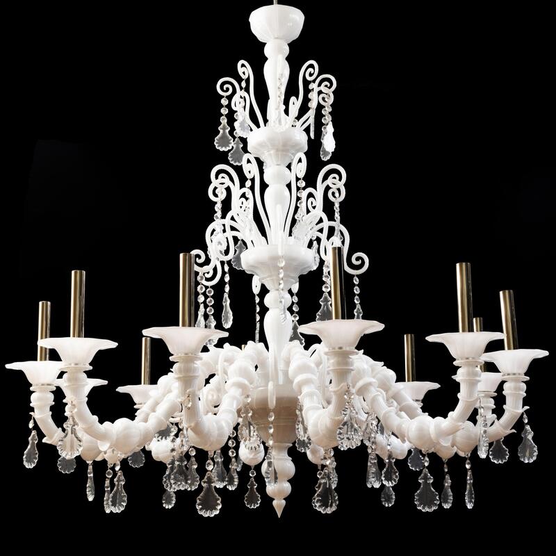 Appraisal: Large Murano White Opaque Glass Twelve-Light Chandelier With clear glass