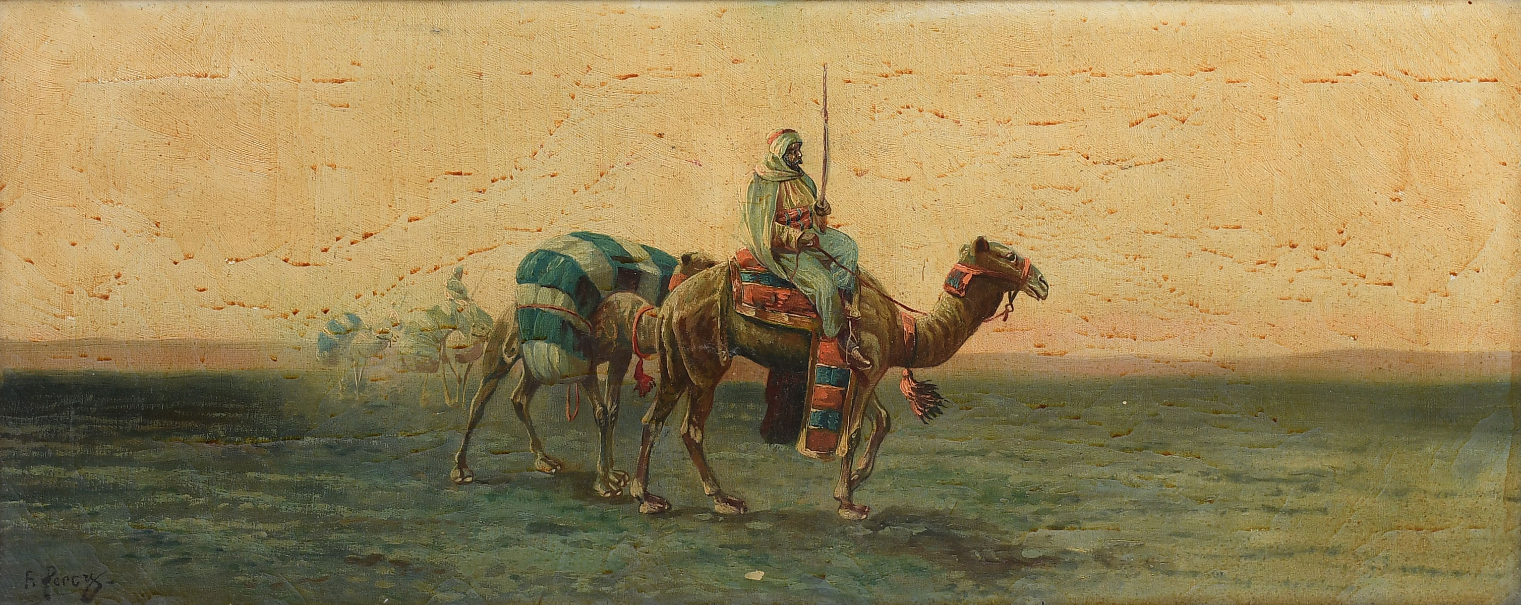 Appraisal: F PERCY ORIENTALIST PAINTINGS WITH ARABS ON CAMELS Oil Canvas