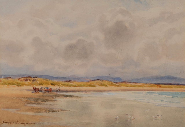 Appraisal: GEORGE COCKRAM - Shore scene with distant mountains signed watercolour