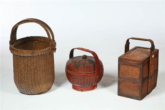 Appraisal: THREE BASKETS China th century woven cane or splint with