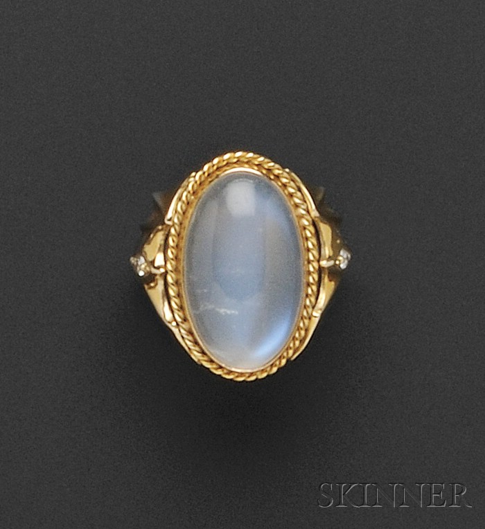 Appraisal: Sterling Silver kt Gold Moonstone and Diamond Ring bezel-set with