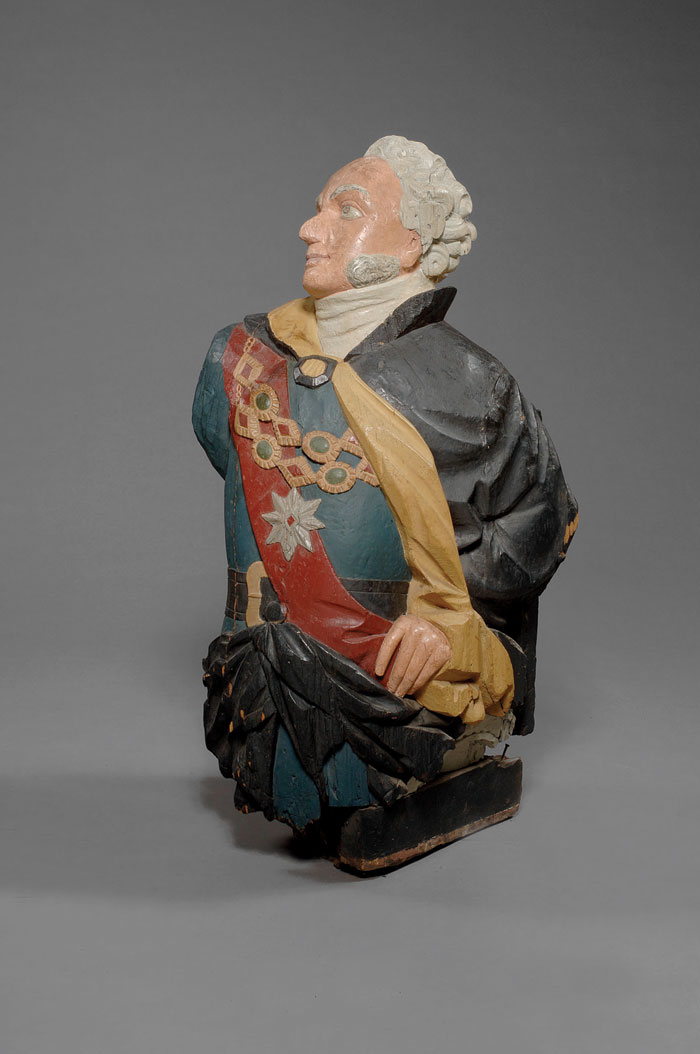 Appraisal: HALF-LENGTH CARVED AND PAINTED BRITISH FIGUREHEAD OF ADMIRAL COLLINGWOOD A