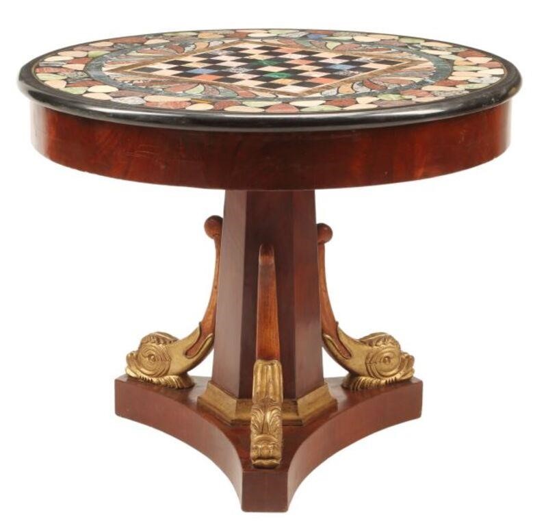 Appraisal: Empire style parcel gilt mahogany games table with specimen marble