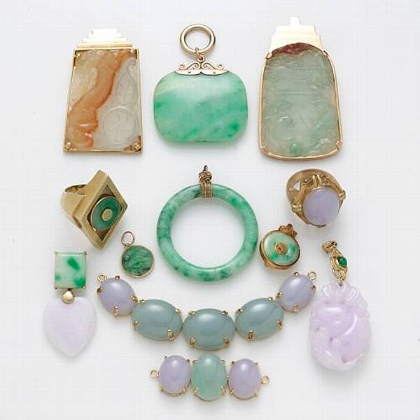 Appraisal: A collection of multi-colored jade and k gold jewelry comprising