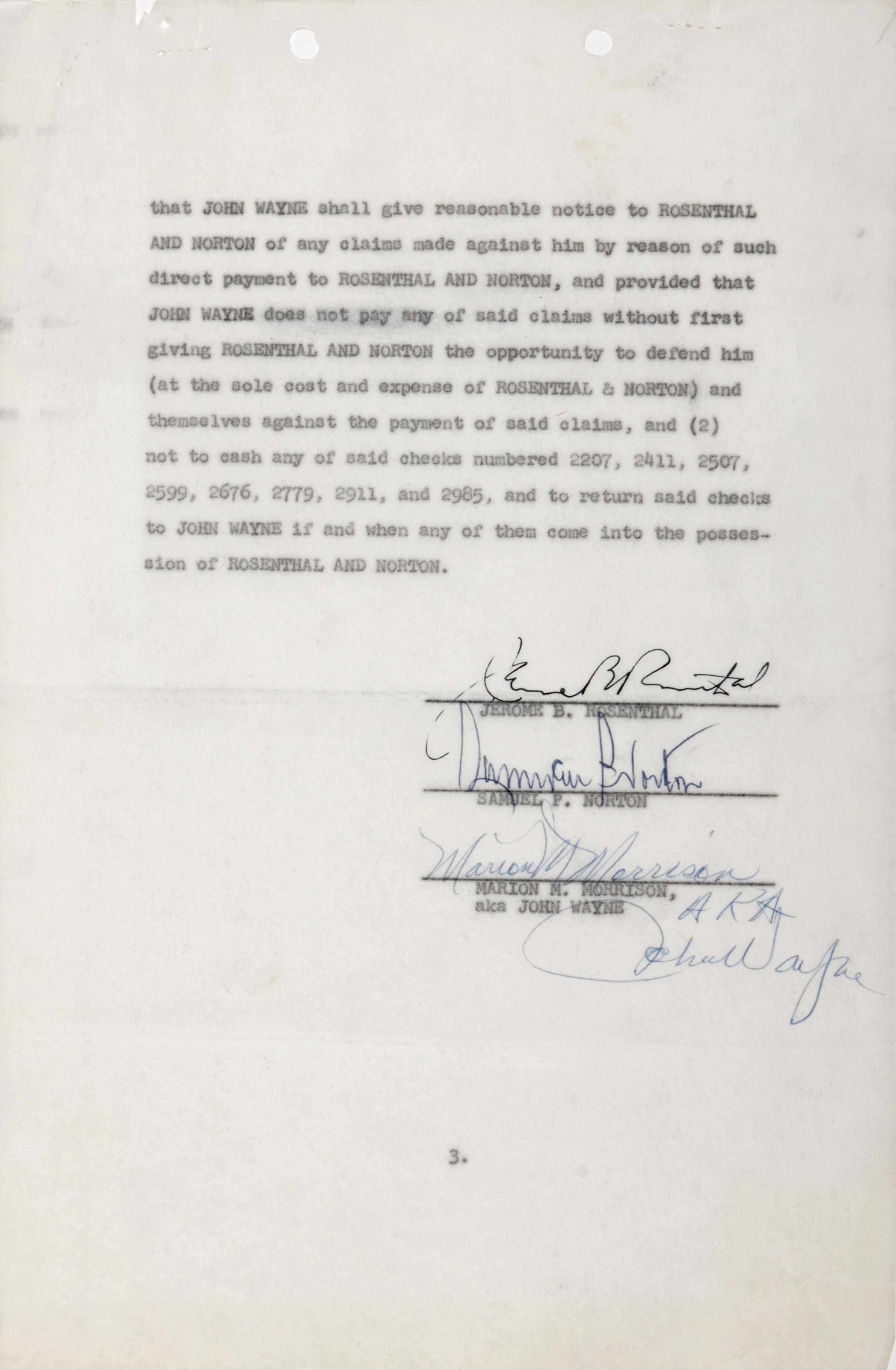 Appraisal: WAYNE JOHN WAYNE SIGNS AS MARION MORRISON Typed Document Signed