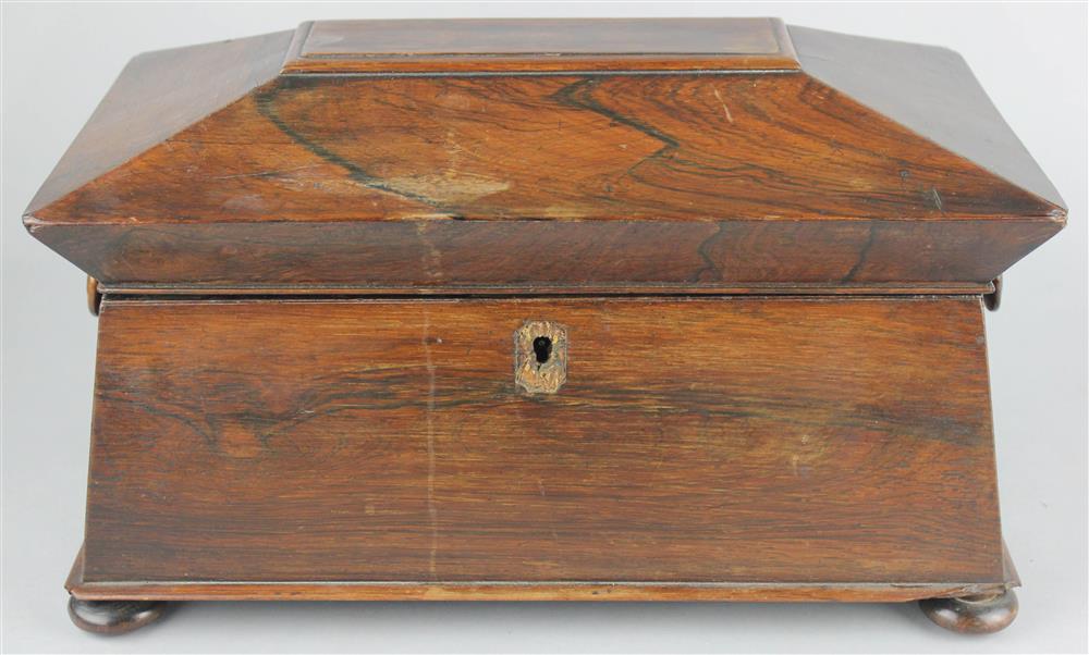 Appraisal: WILLIAM IV ROSEWOOD TEA CADDY circa with hinged sarcophagus top