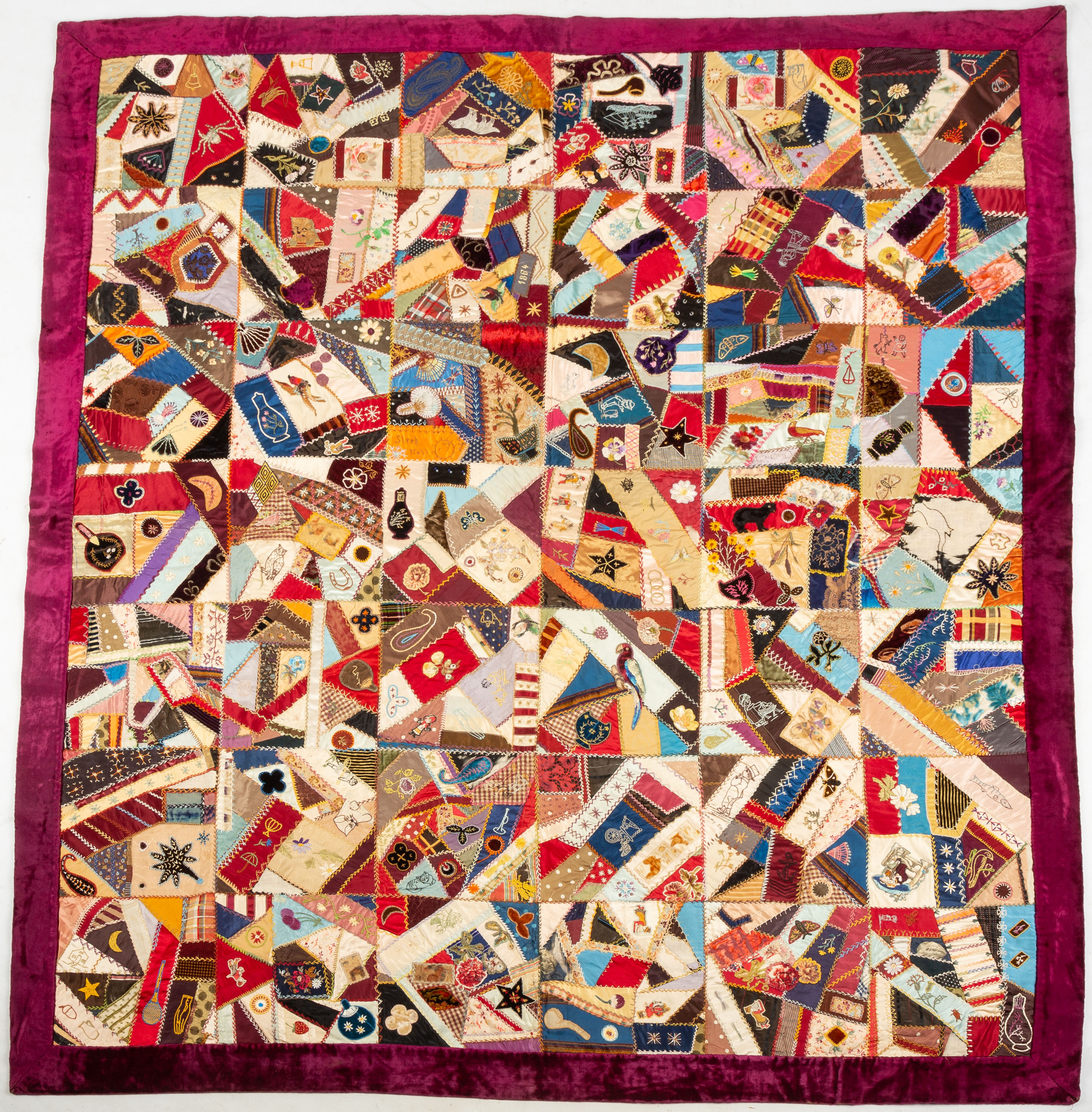 Appraisal: TH CENTURY CRAZY QUILT dated silk and velvet