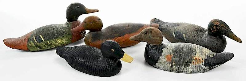 Appraisal: Five Vintage Painted Working Duck Decoys American th century hand