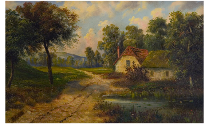 Appraisal: W E Hills th Century Painter Cottages by a pond