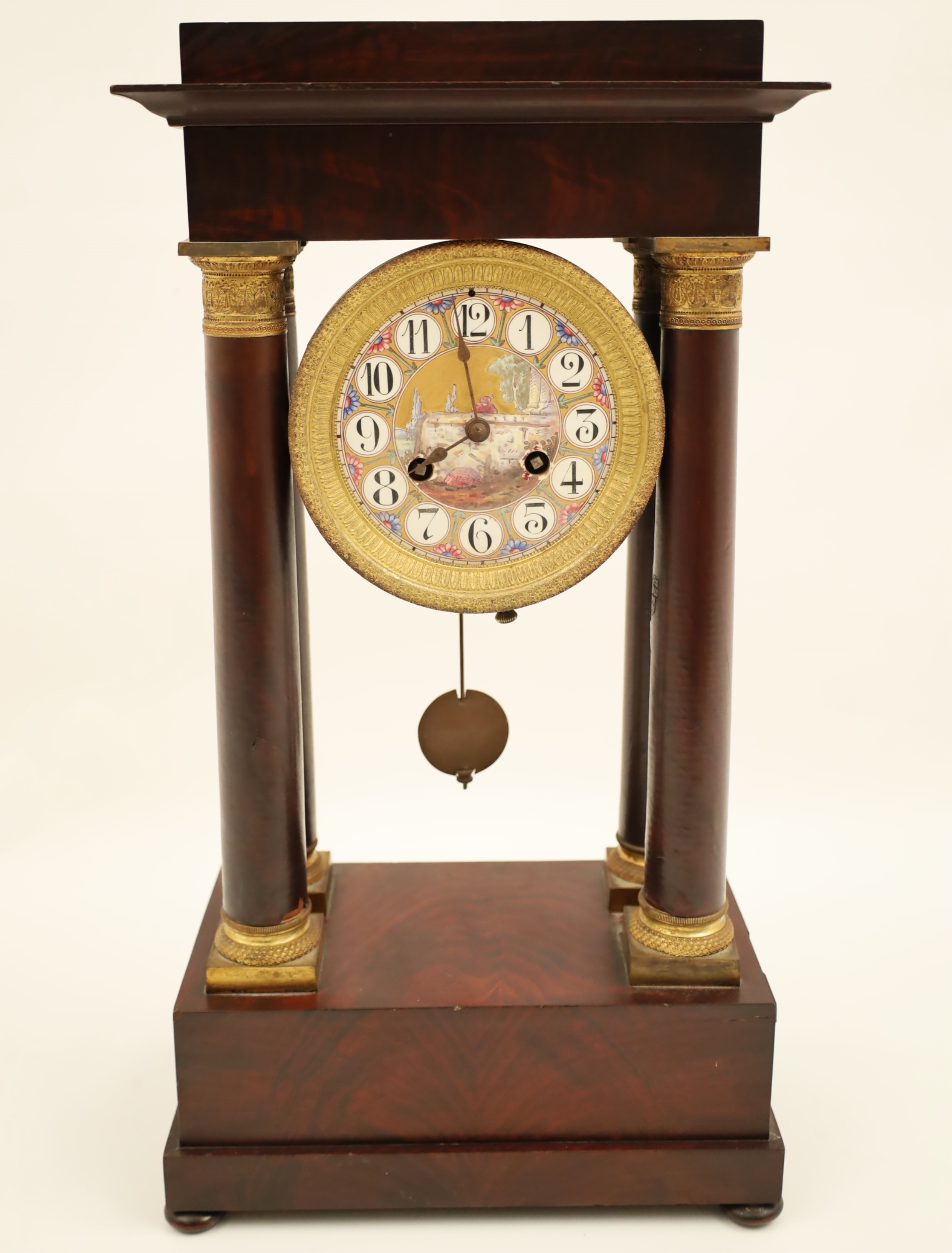 Appraisal: FRENCH FIGURED MAHOGANY PORTICO CLOCK French figured mahogany Portico clock