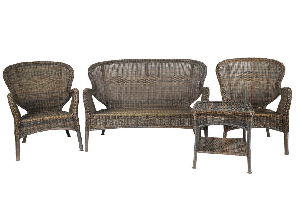 Appraisal: WICKER PATIO FURNITURE SUITEcomprising two armchairs inches wide one end