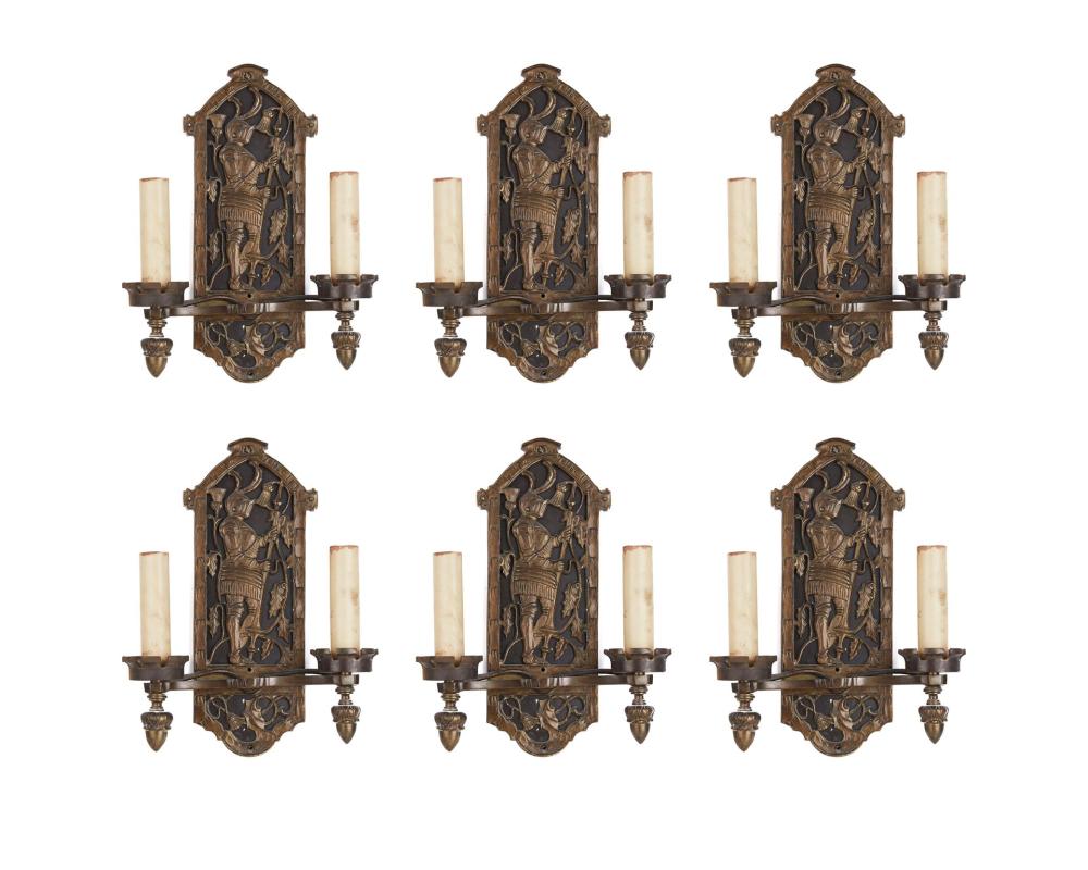 Appraisal: Six figural cast brass wall sconces First-quarter th Century Each