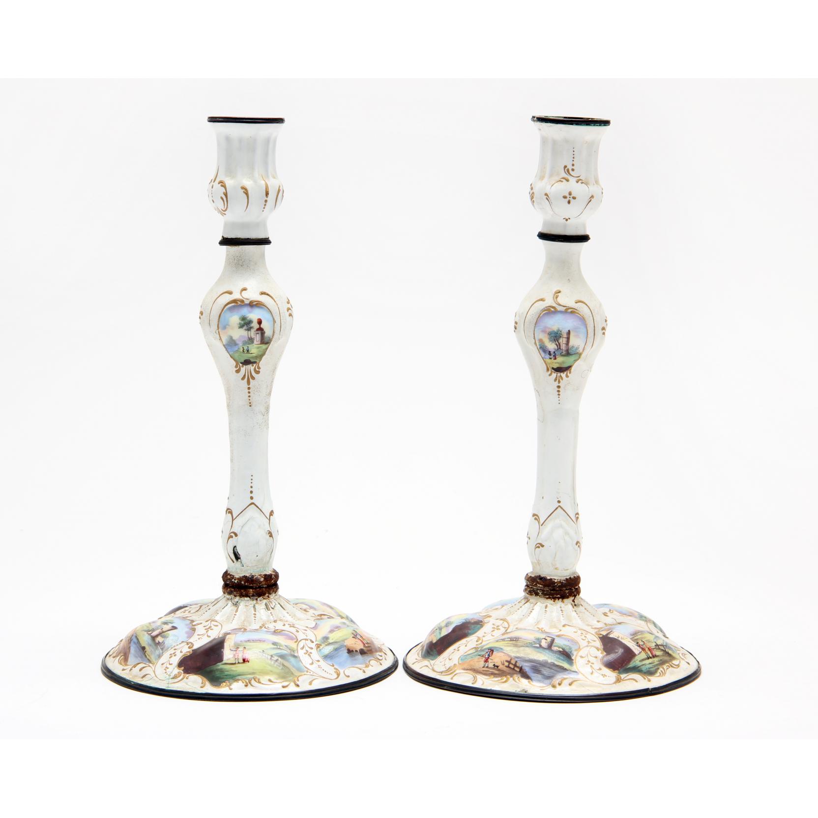 Appraisal: A Pair of Battersea Enamel Candlesticks late th century enamel