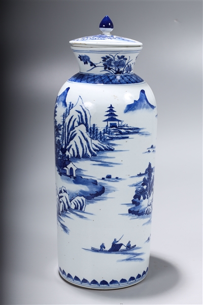 Appraisal: Chinese blue and white porcelain covered vase depicting a landscape