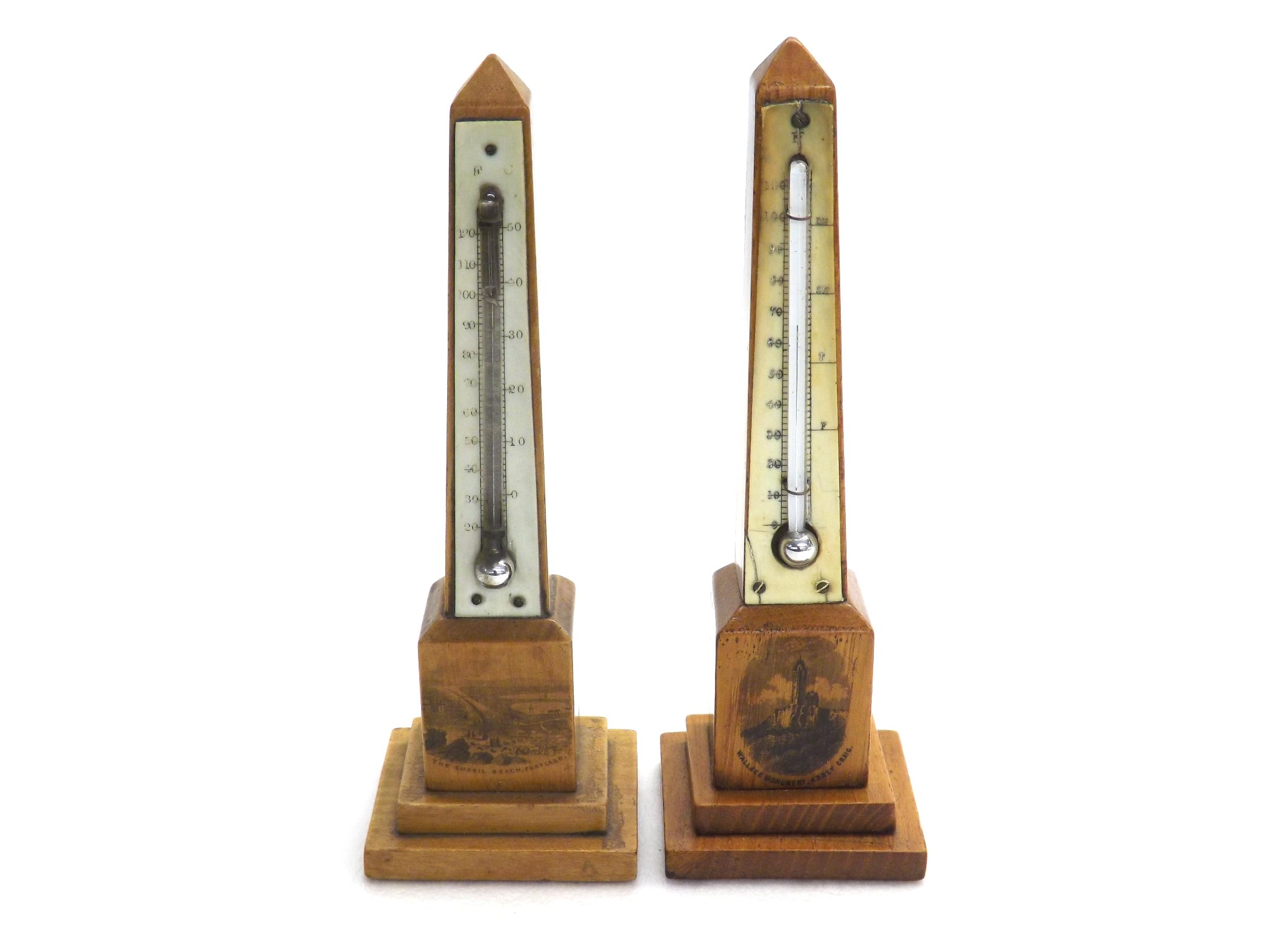 Appraisal: Mauchline ware - two obelisk desk thermometers transfer printed with