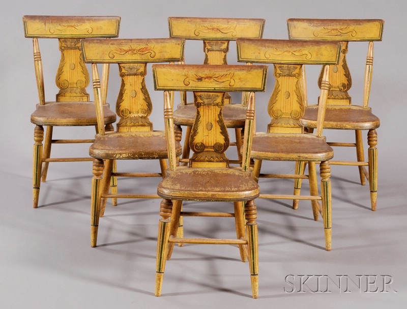 Appraisal: Set of Six Yellow Paint-decorated Chairs probably Pennsylvania c -