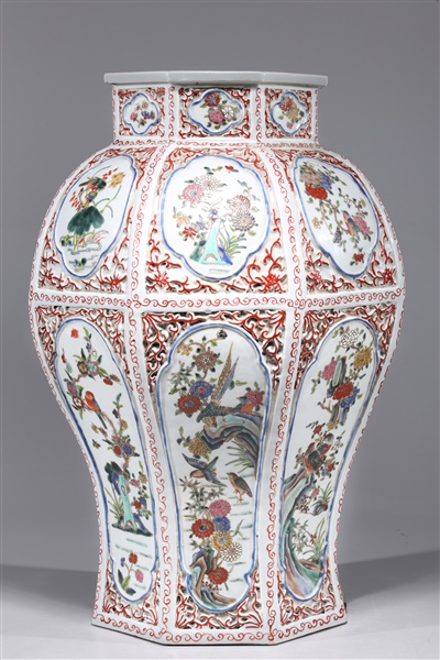 Appraisal: Chinese famille verte enameled porcelain faceted vase with elaborate molded