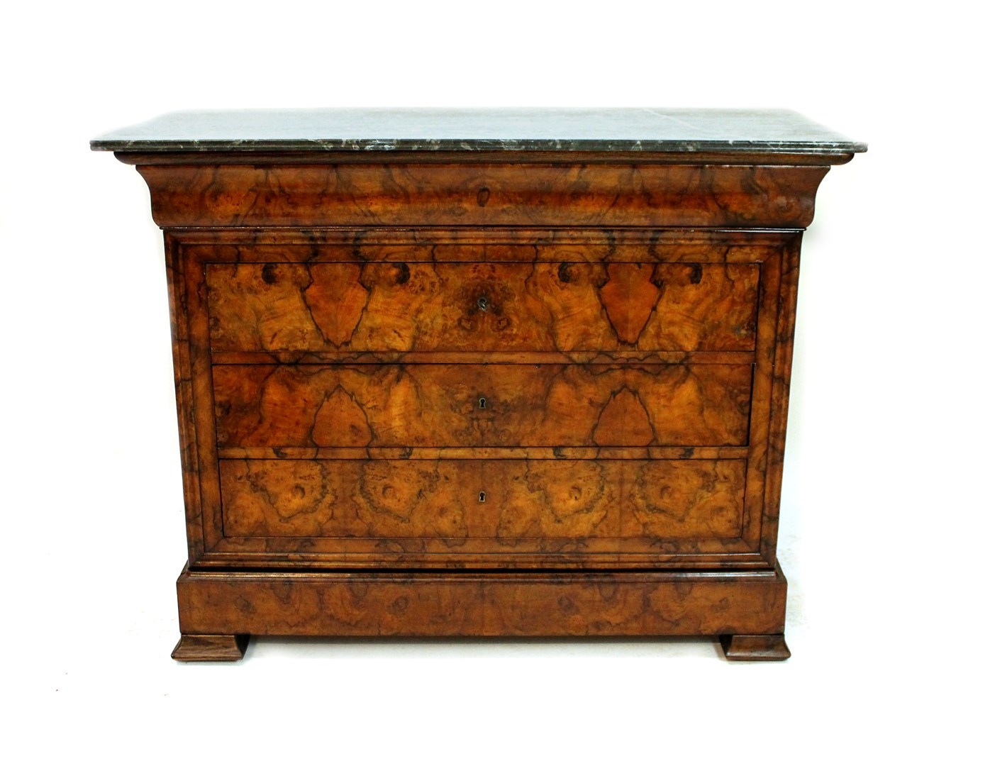 Appraisal: A th century French marble topped figured walnut five drawer