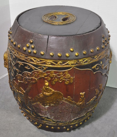 Appraisal: Decorated Chinese Barrel Rice BucketHeavy decoration in red black and