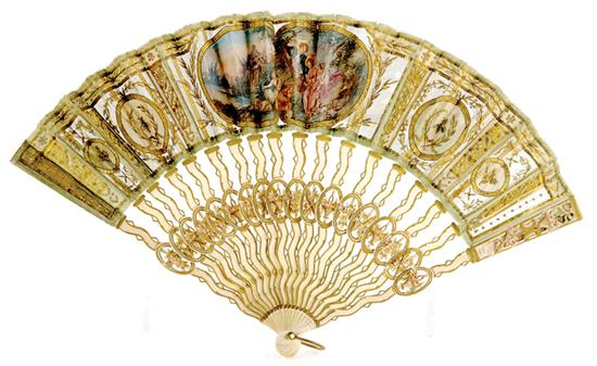 Appraisal: French ivory and painted folding fan circa pierce-carved and painted