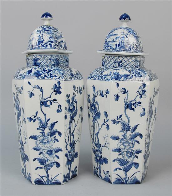 Appraisal: PAIR OF ENGLISH BLUE AND WHITE COVERED VASES possibly Worcester