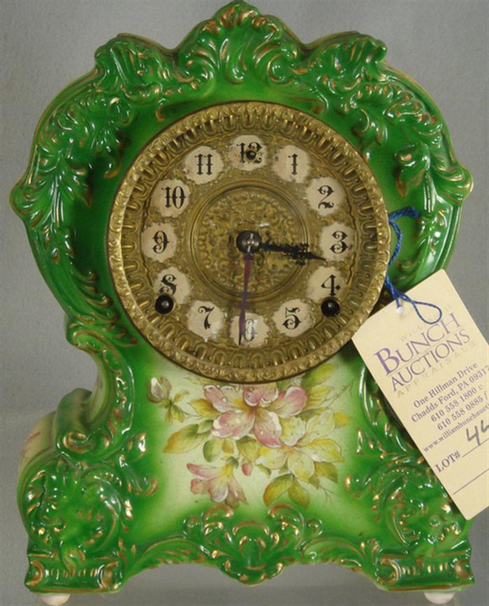 Appraisal: Green floral decorated No china case clock embossed brass dial