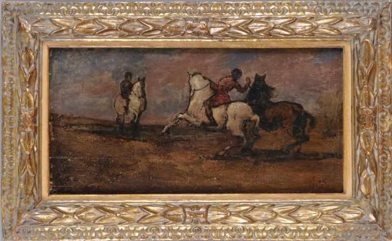 Appraisal: ATTRIBUTED TO DAUMIER ''DEUX CAVALIERS'' Oil on wood panel signed