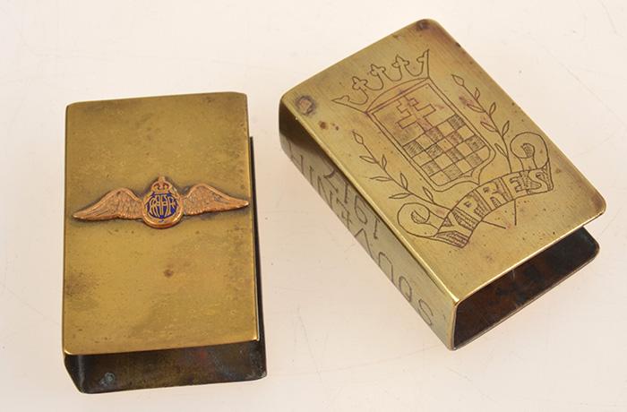 Appraisal: TWO WWI BRASS MATCHBOX COVERS ONE WTH RAAF INSIGNIA THE