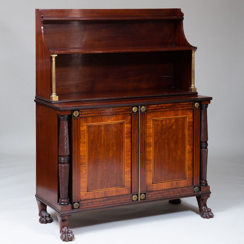 Appraisal: Regency Ebony-Inlaid and Brass-Mounted Mahogany Chiffonnier In two parts the