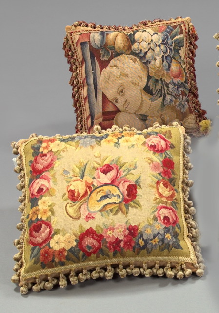 Appraisal: Two Aubusson Floral Tapestry-Faced Sofa Pillows one with double bobble-fringed