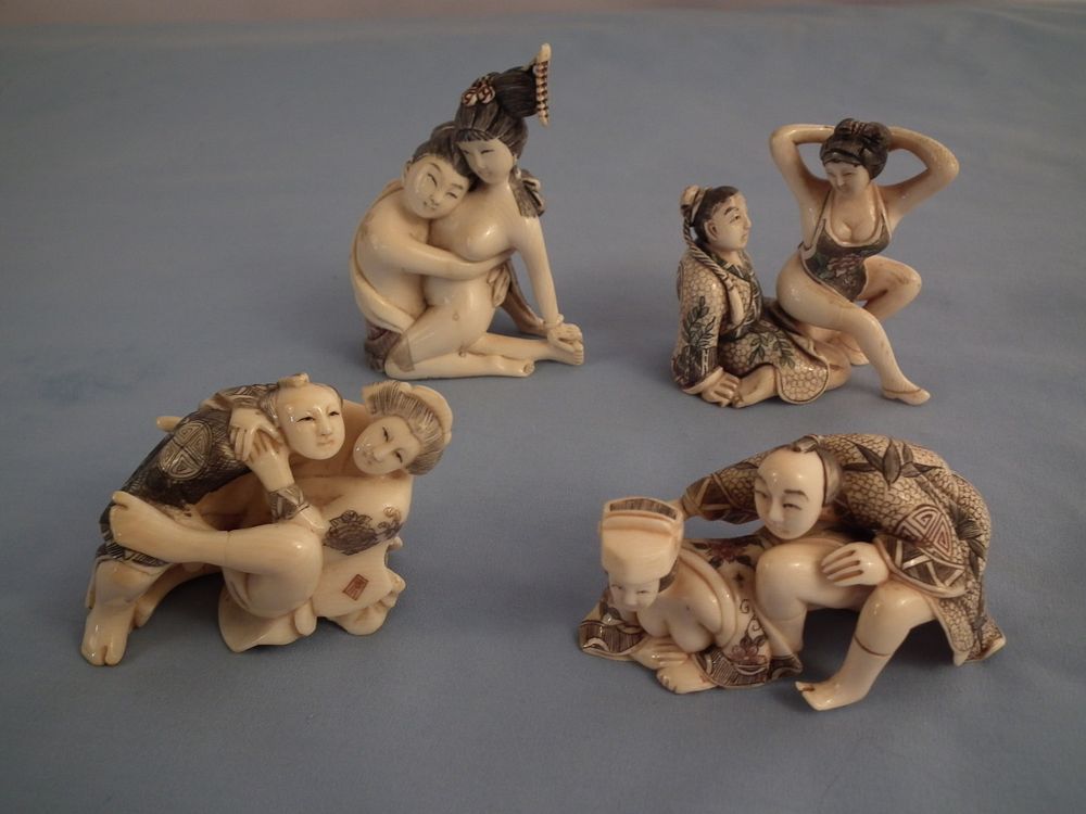 Appraisal: JAPANESE EROTIC FIGURES Set of fine antique Japanese Meiji period