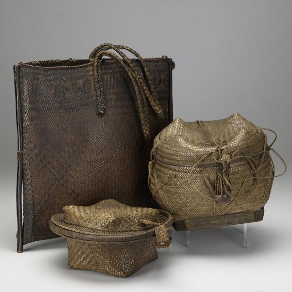 Appraisal: KUBA BASKETS CONGO Three items include two lidded boxes and