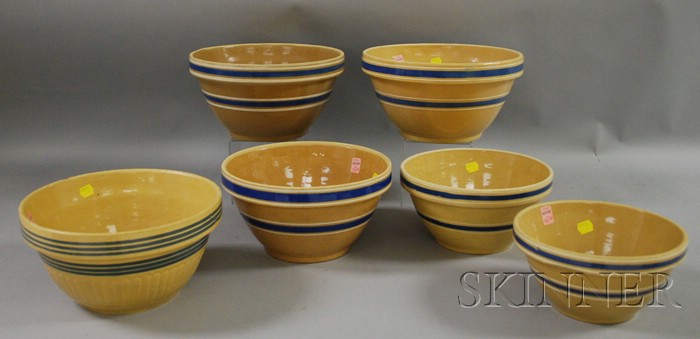 Appraisal: Six Blue and White Striped Yellowware Mixing Bowls ht -