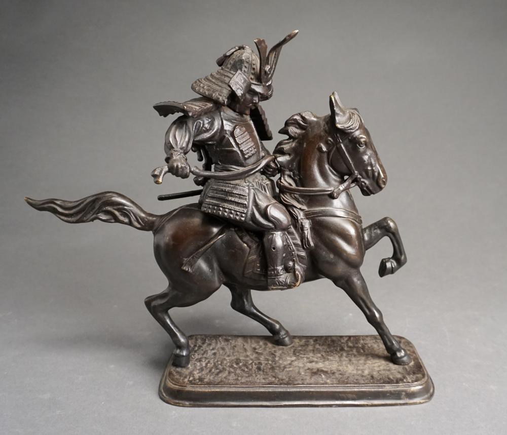 Appraisal: Japanese Patinated Bronze Figure of Samurai on Horseback H in