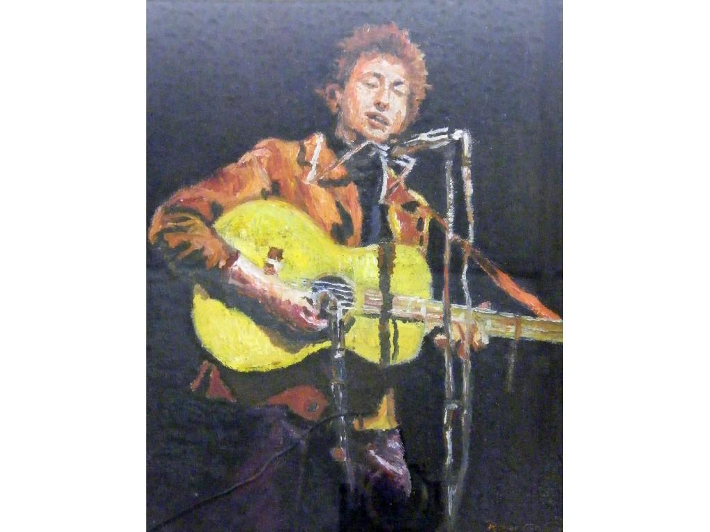 Appraisal: Oil on board study of Bob Dylan indistinctly signed Roger