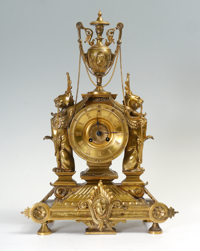 Appraisal: FRENCH FIGURAL GILT BRONZE MANTLE CLOCK Urn final with draping