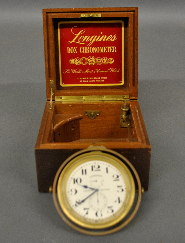 Appraisal: - Chronometer by Longines in a mahogany box as found