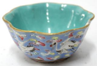 Appraisal: Small Chinese Lobed Hexagonal Bowl The sky blue exterior glazed