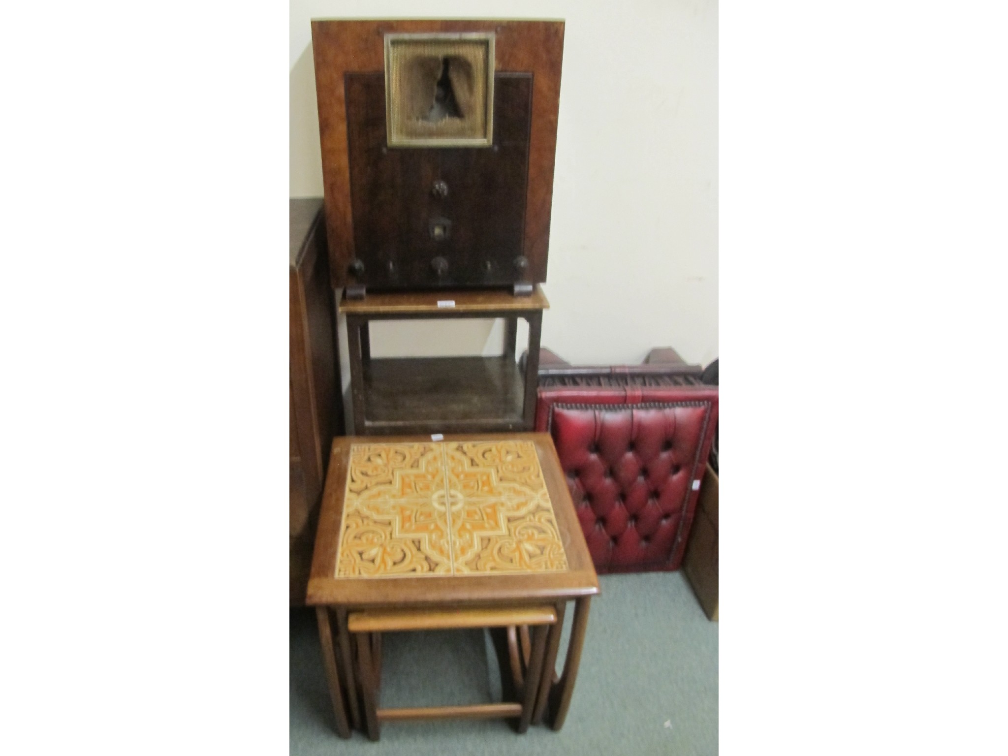 Appraisal: Nest of three tables gramophone leather stool and another