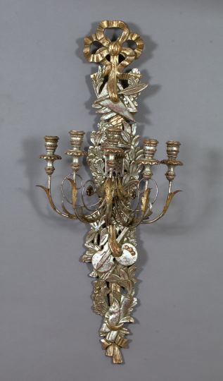 Appraisal: Large Italian Carved and Parcel-Gilt Silvered Wood and Wrought-Iron Five-Light