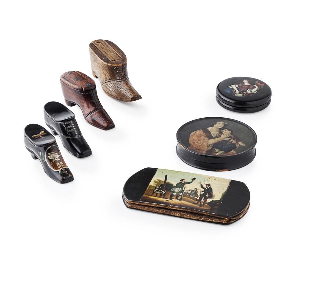 Appraisal: FOUR SHOE SNUFF BOXES EARLY TH CENTURY two with sliding