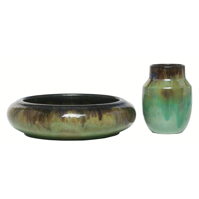 Appraisal: Fulper bowl bulbous form covered with a green and brown