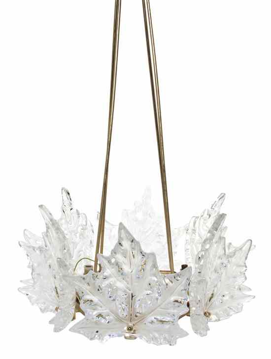 Appraisal: A Lalique Frosted Molded Glass and Brass Six-Light Chandelier Champs