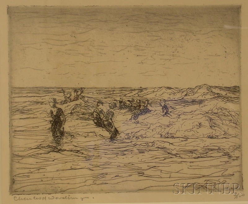 Appraisal: Framed Etching on Paper Beach Scene with Bathers by Charles