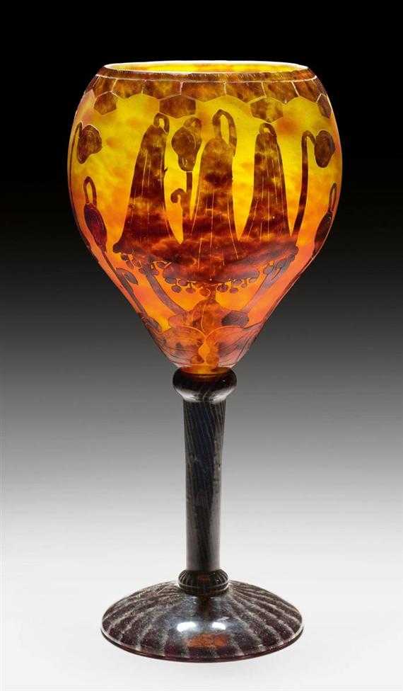 Appraisal: SCHNEIDER VASE circa Acid-etched yellow and orange glass with brown