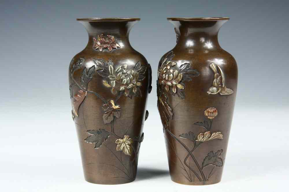 Appraisal: PAIR JAPANESE MIXED METAL VASES - Pair Meiji Period Baluster