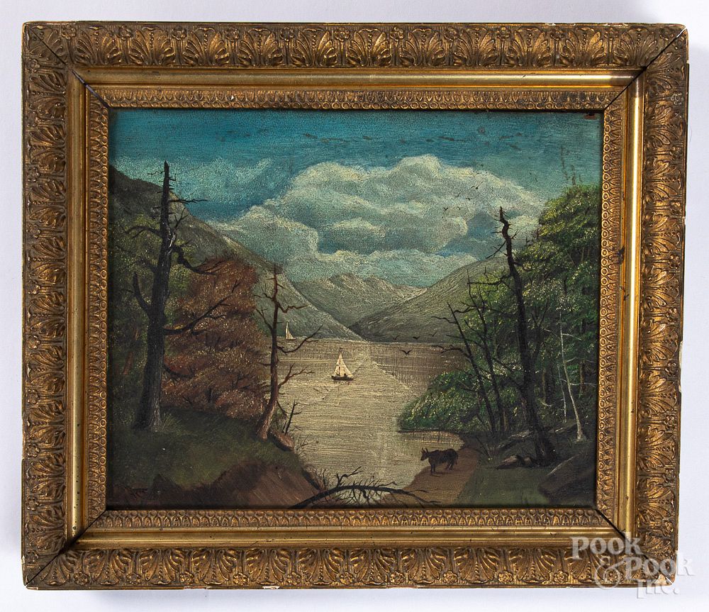 Appraisal: American primitive oil on panel river landscape American primitive oil