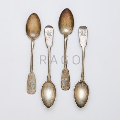 Appraisal: FABERGE FOUR SILVER TEASPOONS MOSCOW Standard form Leafy monograms MK