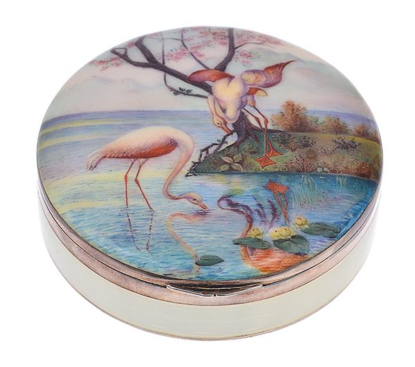 Appraisal: AN ENAMEL AND STERLING SILVER HINGED BOX Depicting two flamingos